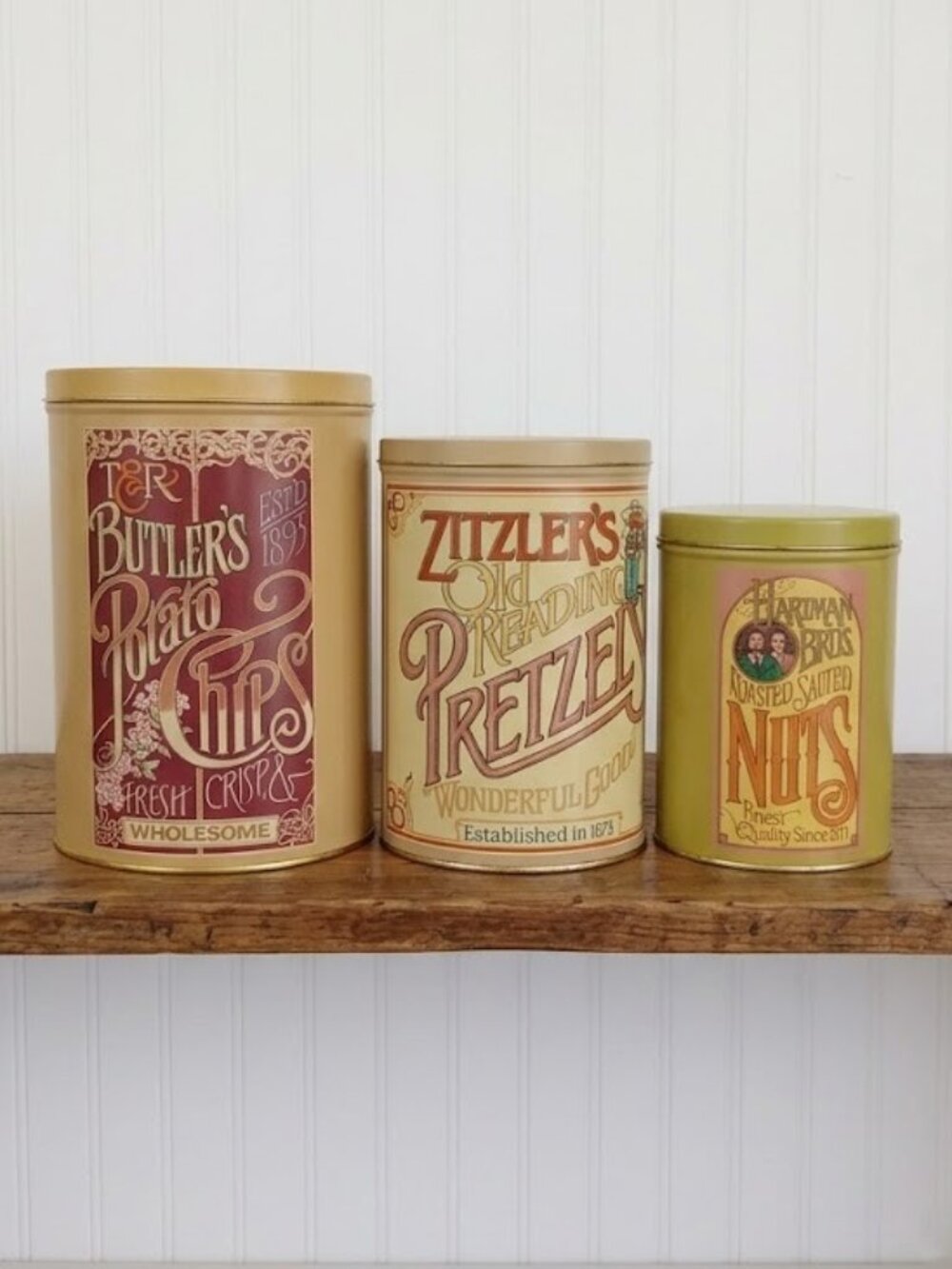 Vintage Metal Tins T & R Butler's Potato Chips Pretzels Nuts Kitchen Canisters